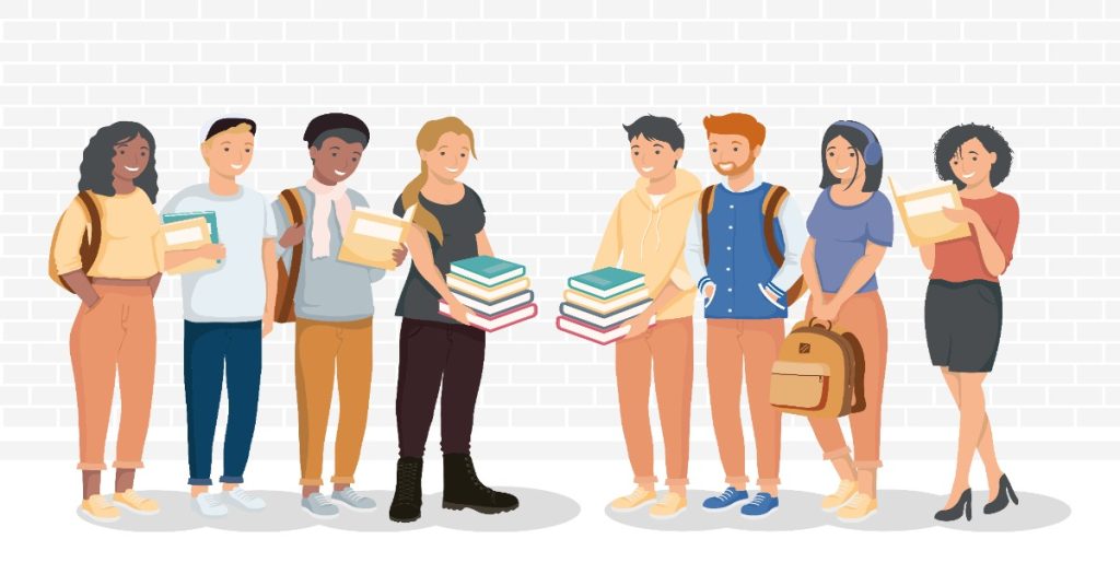 RTE graduates gather around a brick wall, holding books, engaged in conversation about government schemes.
