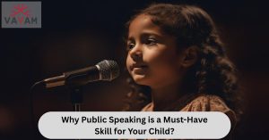 A young girl standing confidently on stage with a microphone, showcasing her public speaking skills.