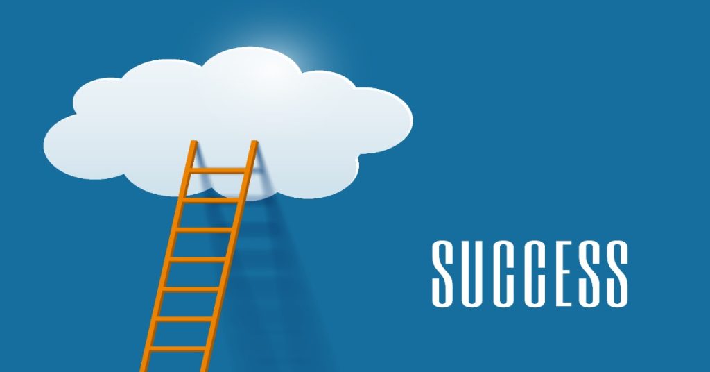 Environmental success ladder leading to the cloud, illustrating the journey towards sustainable achievements and goals.