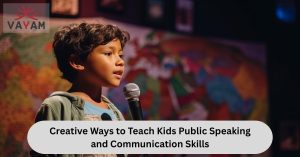 A young boy, standing on a stage and delivering a speech; representing public speaking.
