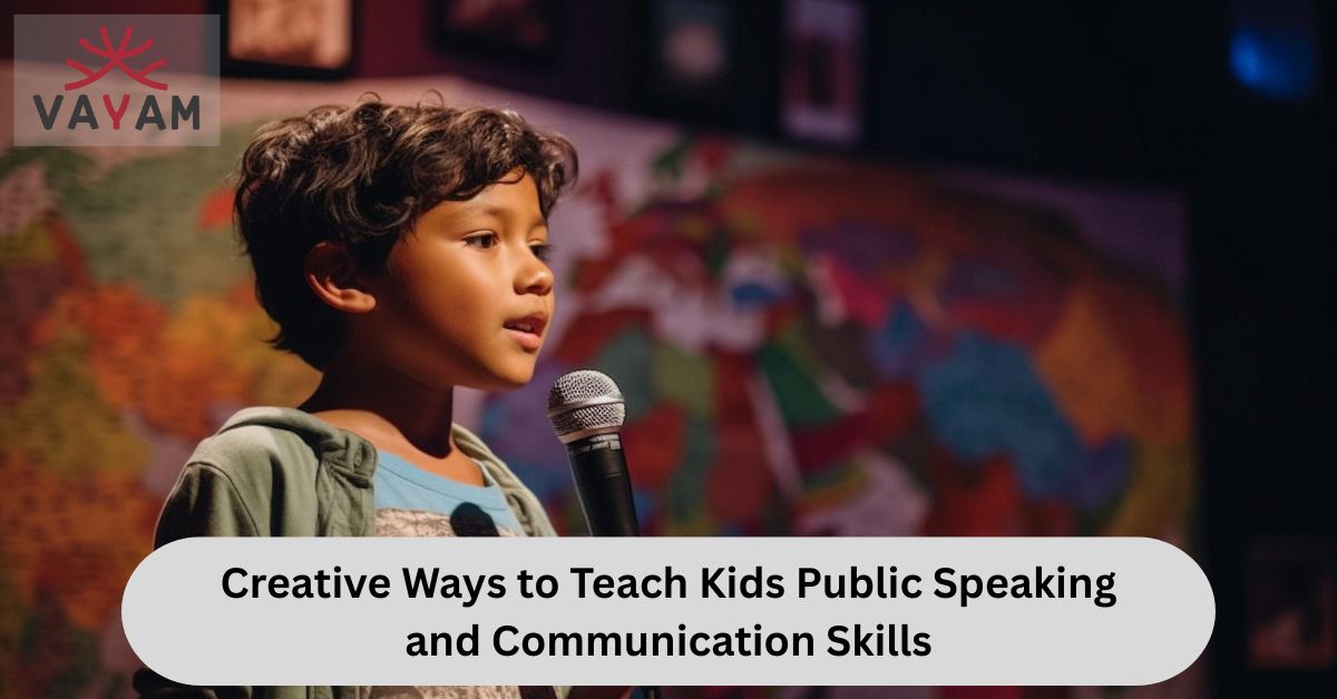 A young boy, standing on a stage and delivering a speech; representing public speaking.