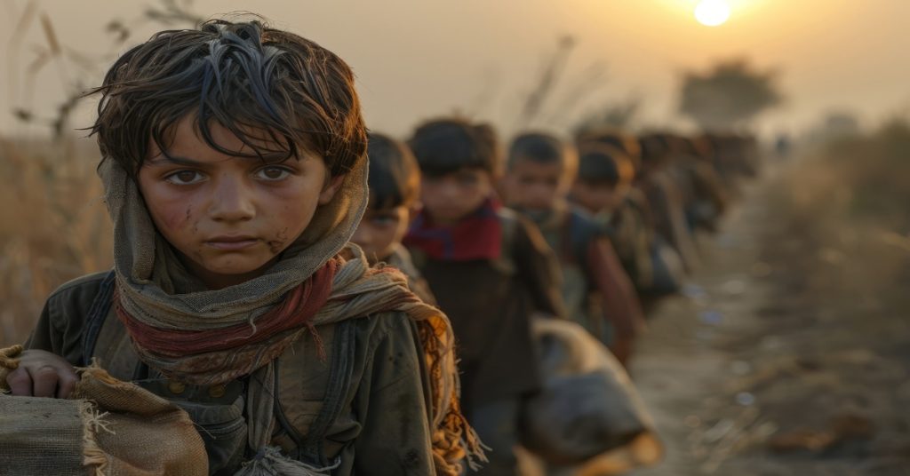 A young boy walks with a group of children, highlighting school programs for child labour survivors.
