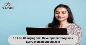 A woman, sitting with a laptop indulged in skill development programs for women.