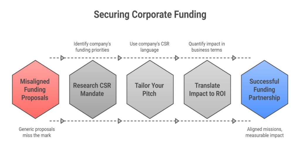 Diagram illustrating steps to secure corporate funding, emphasizing aligning missions with potential partners for success.