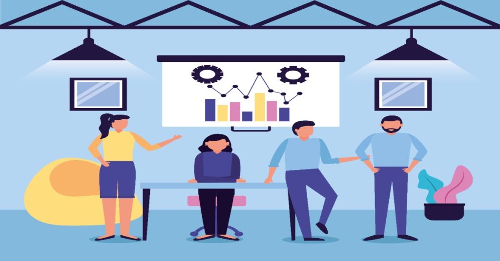 A team of people, preparing before the pitch for funding of a project. 