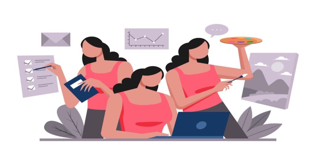 A woman, learning 3 different skills to showcase skill development.