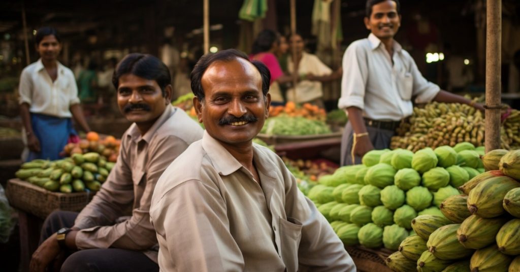 A man is seated by a fruit stand, emphasizing MGNREGA's support for small and marginal farmers.