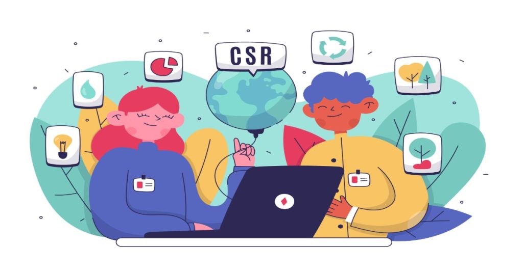 Two millennials collaborating on a laptop, discussing CSR and its significance to their generation.