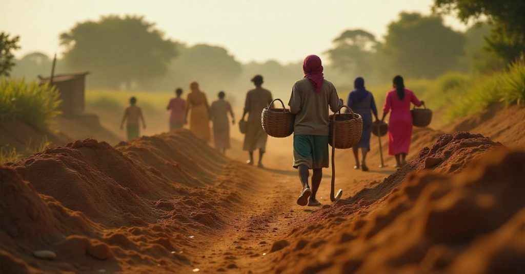 A group of rural people working on a project in the village for rural infrastructure under MGNREGA. 