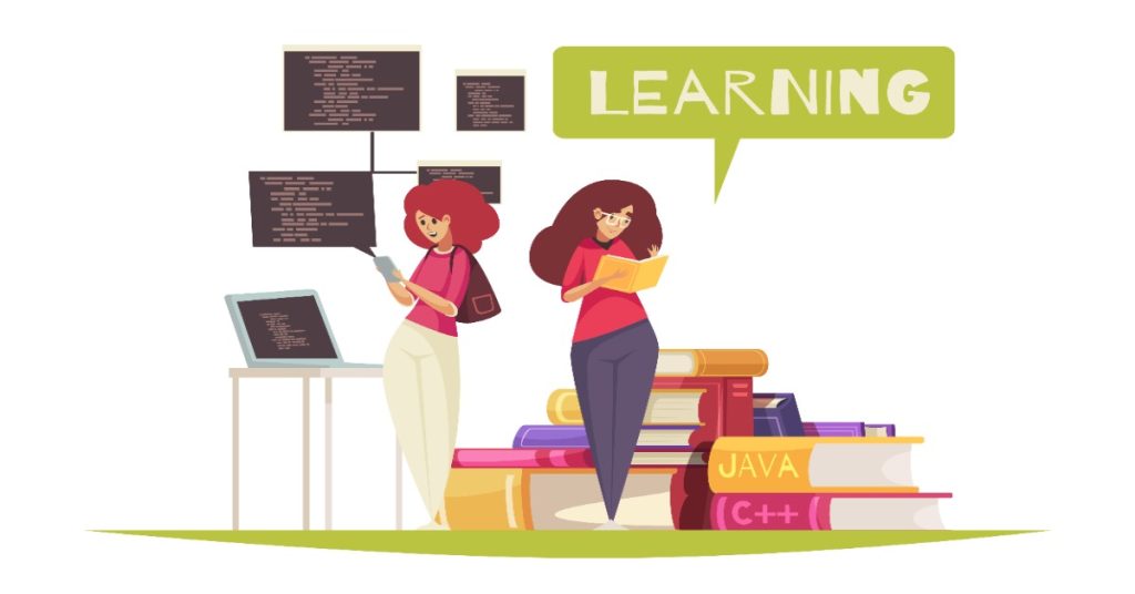 Two women beside a laptop and a stack of books, representing skill learning as a vital component of success.