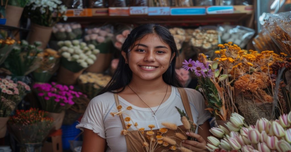 A woman poses outside a flower shop, representing skill learning and the emergence of women entrepreneurs in the business world.