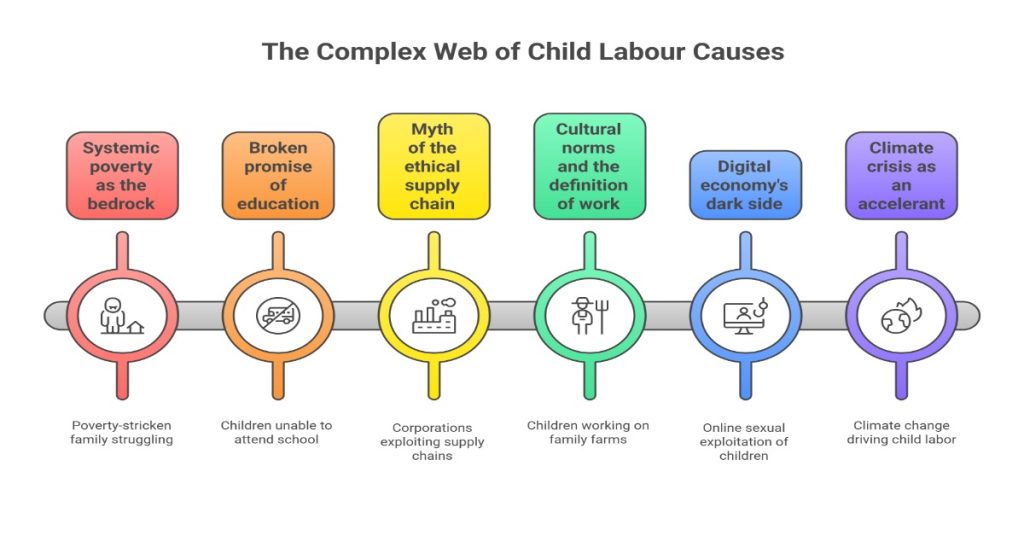 A complex diagram illustrating the reality of child labour causes, emphasizing factors beyond just poverty.