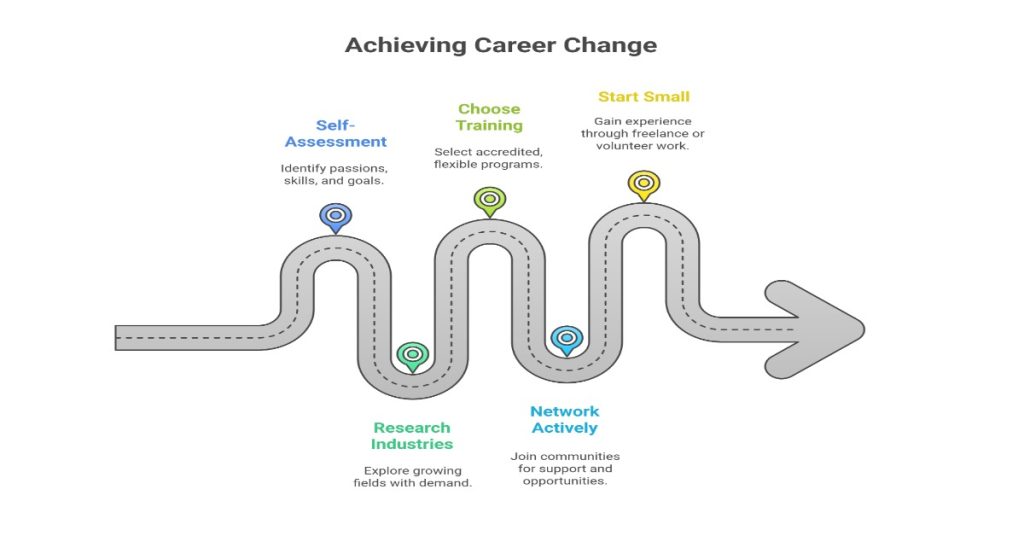 Diagram illustrating the career change process for women over 40, highlighting practical steps for successful transitions.