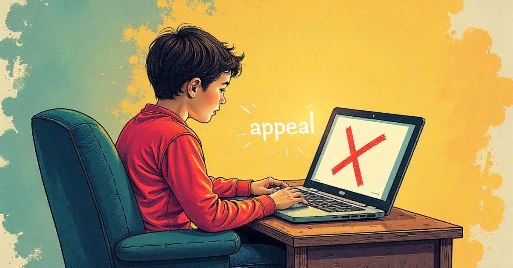 A boy at a desk with a laptop displaying an x sign, contemplating the RTE application appeal rejection.