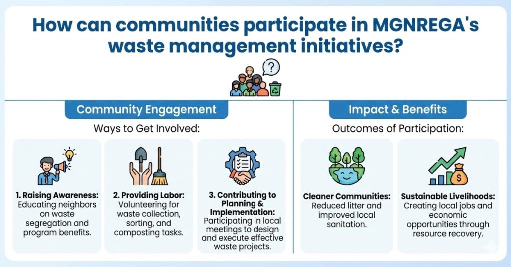 Infographic illustrating how communities can participate in MGNREGA's waste management initiatives.