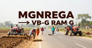 Image illustrating the transition from MGNREGA to VB-G RAM G in the 2026 Union Budget, highlighting key changes.