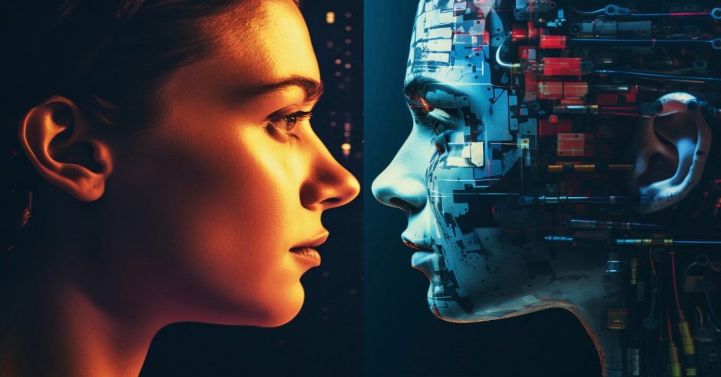 A woman and a robot face each other, symbolizing the complex dynamics of AI harassment in modern interactions.