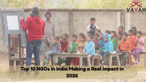 Infographic showcasing the Top 10 NGOs in India Making a Real Impact in 2026 by Vayam.