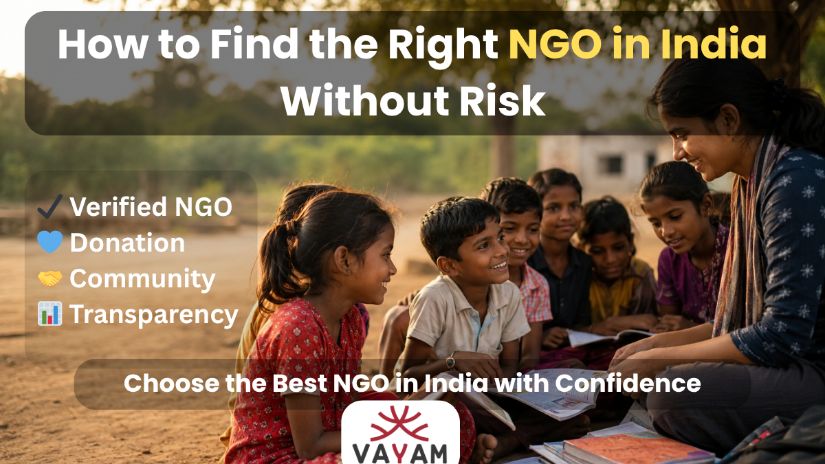 Children learning with an NGO volunteer in rural India representing a guide on how to find the right NGO in India without risk through transparency and verified impact.