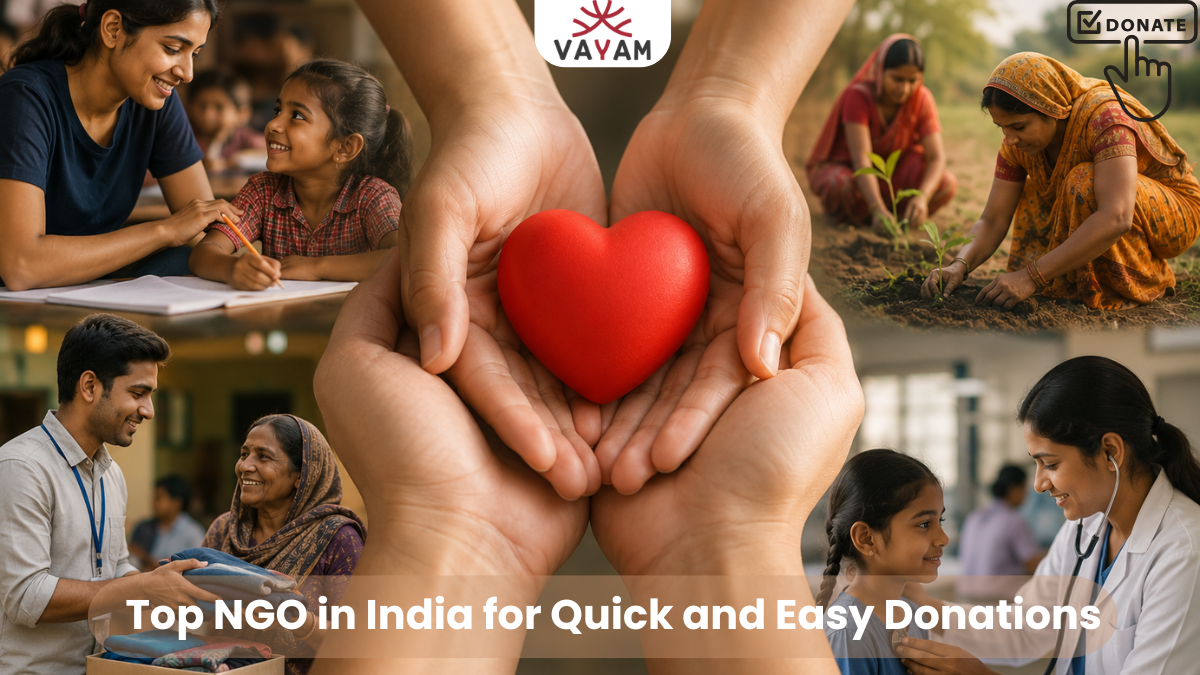 Collage showing hands holding a heart, people volunteering, a doctor with a patient, and a donate button, with text: "Top NGO in India for Quick and Easy Donations.