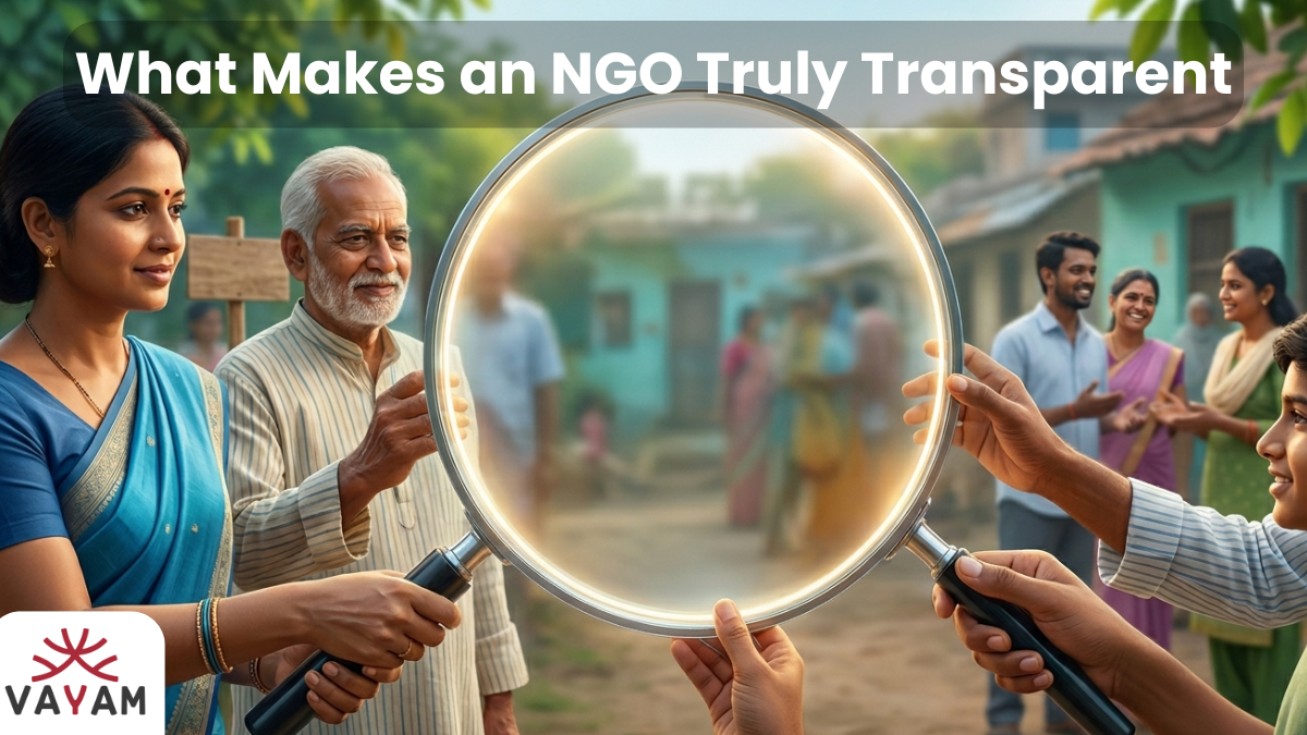 Diverse group in India holding a magnifying glass symbolizing What Makes an NGO Truly Transparent?