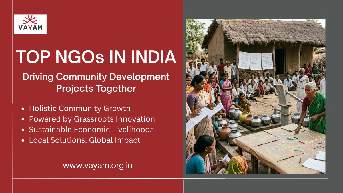 VAYAM featured banner on Top NGOs in India for Community Development Projects, showing local volunteers and rural villagers collaborating on a community-led development mapping layout.