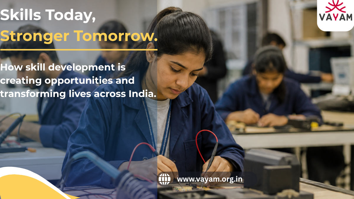 Young woman undergoing hands-on vocational skill training in India, representing Skill India and NGO-led youth employment programs by Vayam