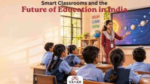 Smart classrooms in India comparing a traditional rural classroom with a modern digital classroom featuring an interactive smart board.